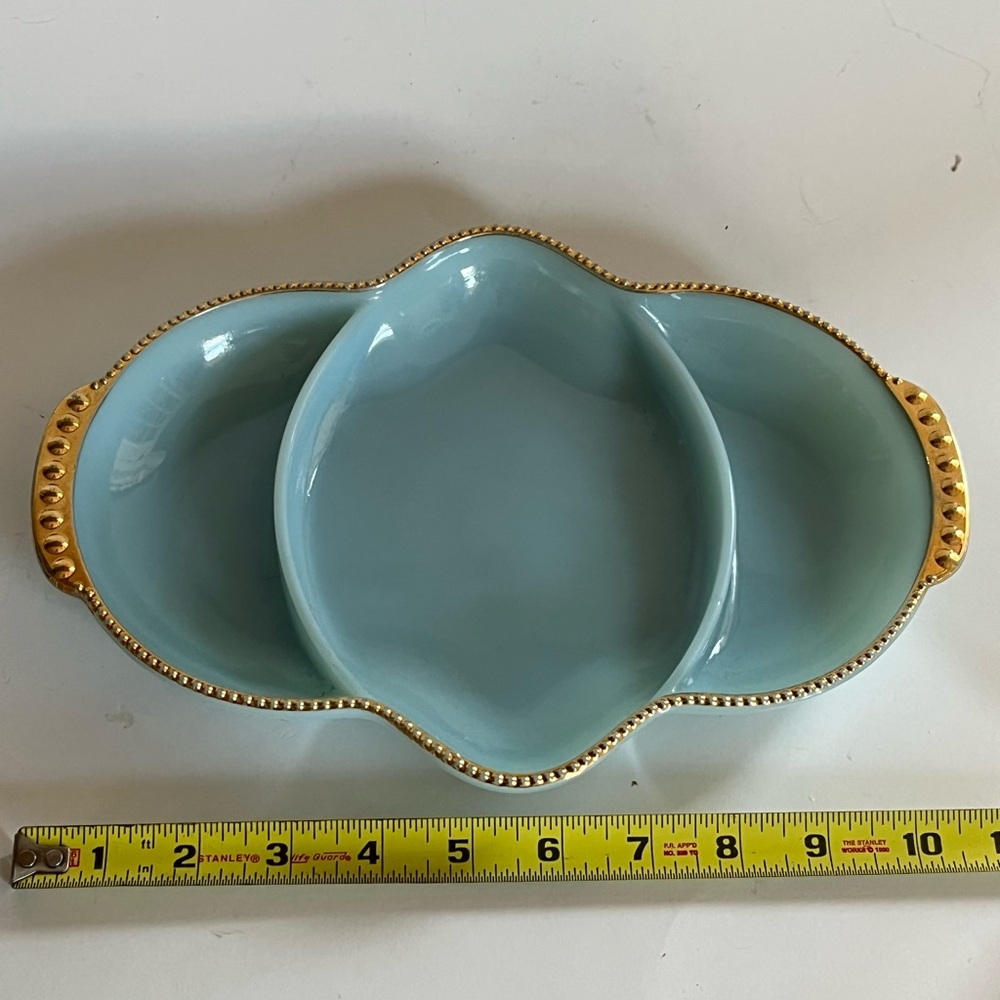 Vintage Fire-King Turquoise Blue 3 Part Dish with Gold Gilt Anchor Hocking. - Picture 7 of 7